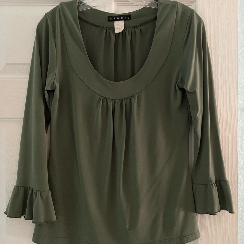 Olive green tunic with ruffled sleeves